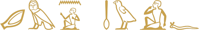 The Egyptian sentence I heard his voice written in hieroglyphs: an ear and an owl, the water sign over a seated man, an oar, a quail chick, a man with hand to mouth and a horned viper